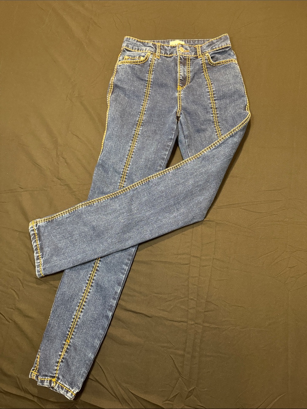 Ganni Blue Skinny Jeans with Yellow Contrast Stitching Size 26 Preppy Casual